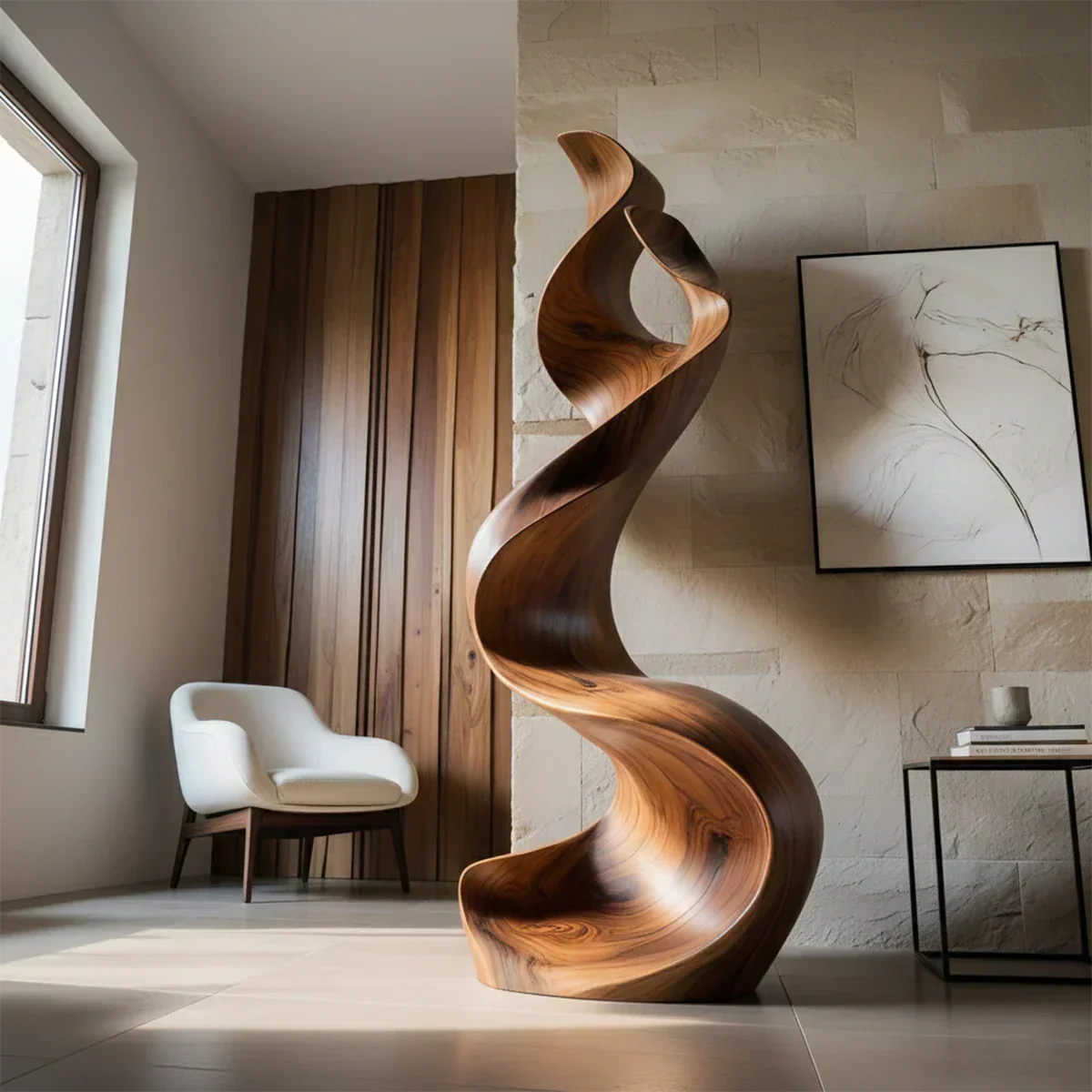 Sculptural Natural Solid Wood Floor Art — Handcarved Organic Twist Form - Rustiracraft