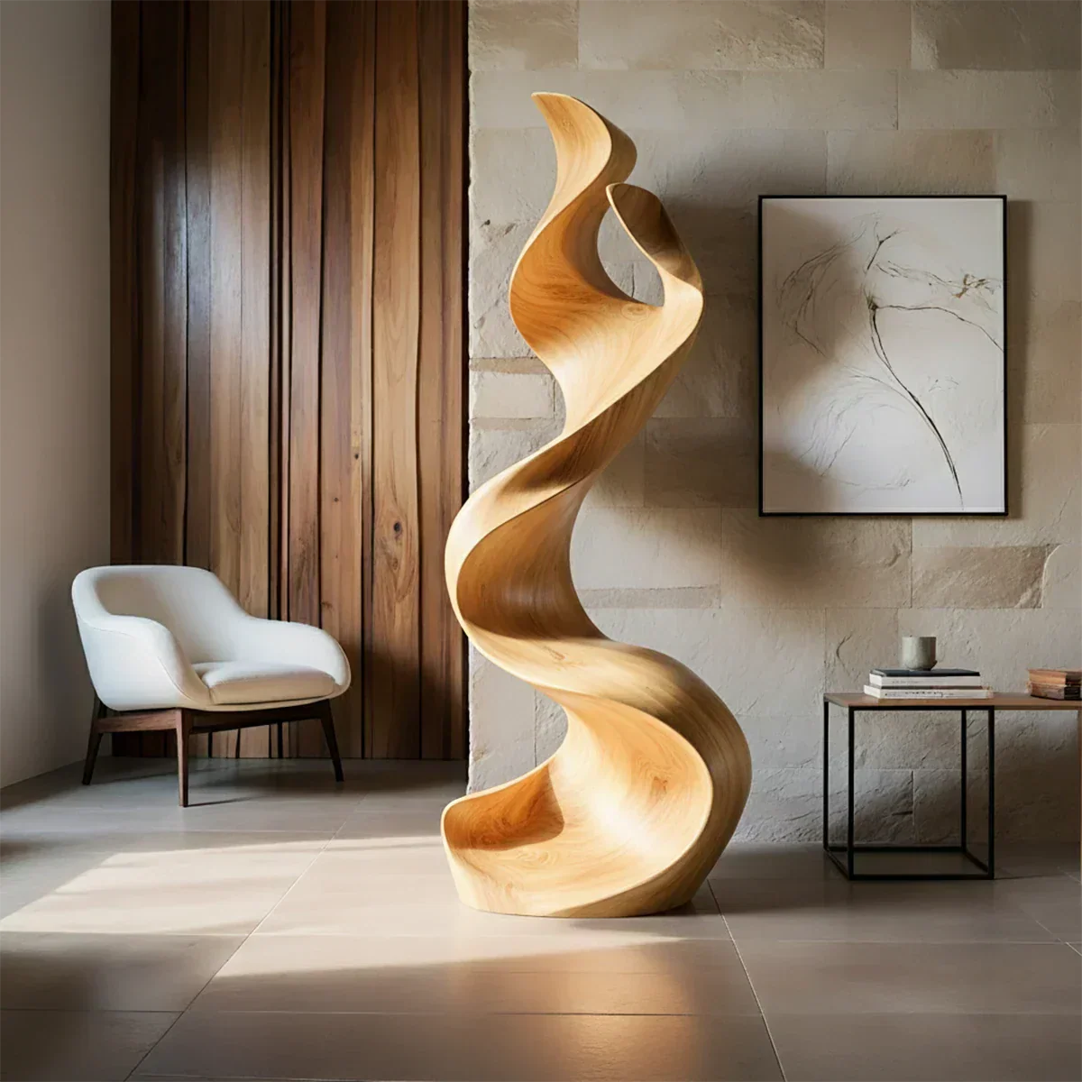 Sculptural Natural Solid Wood Floor Art — Handcarved Organic Twist Form - Rustiracraft