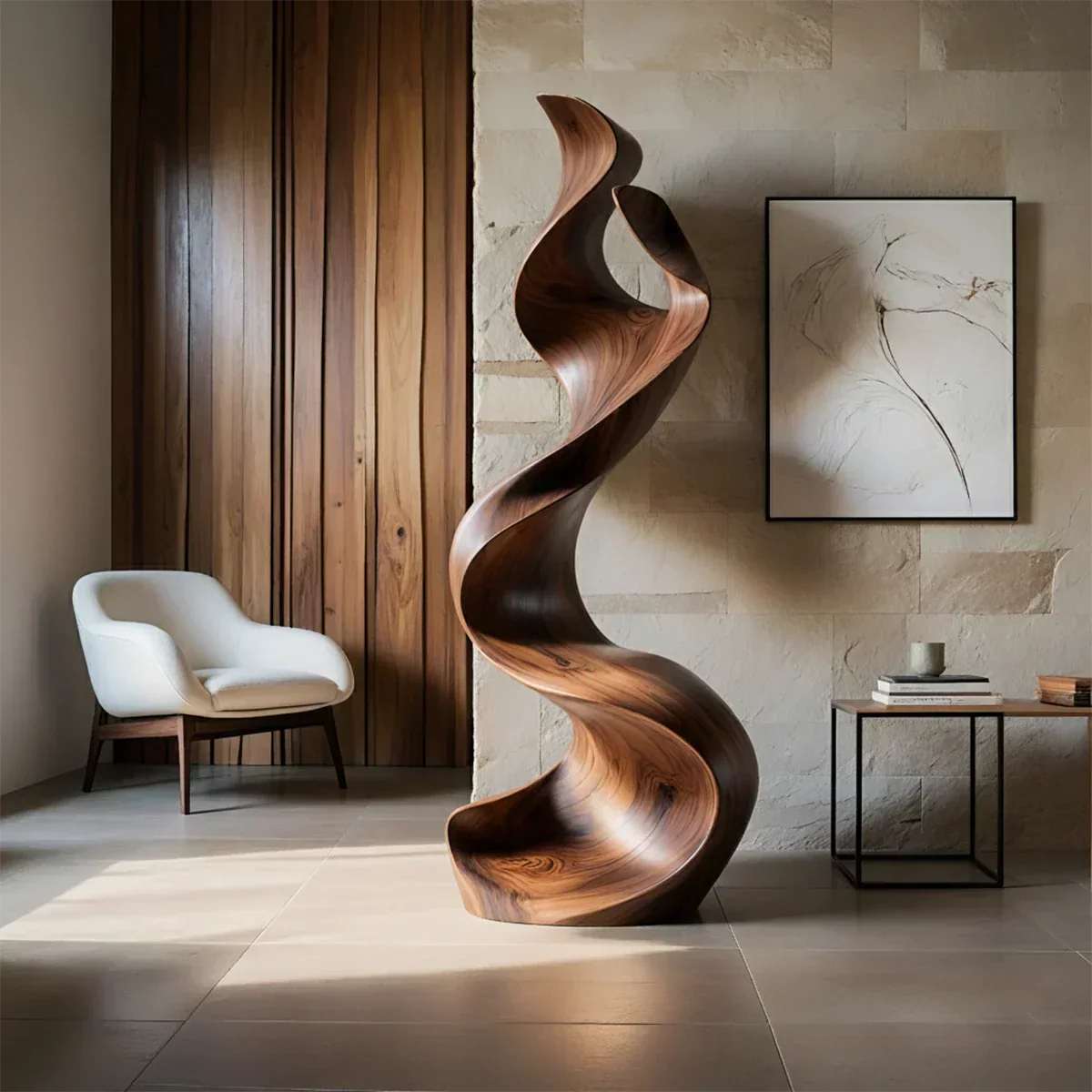 Sculptural Natural Solid Wood Floor Art — Handcarved Organic Twist Form - Rustiracraft