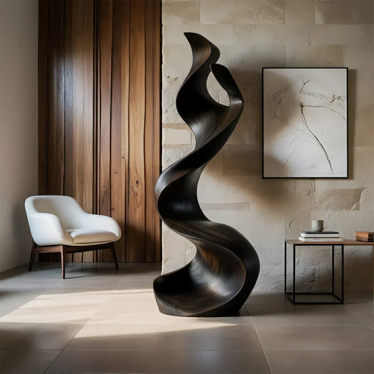 Sculptural Natural Solid Wood Floor Art — Handcarved Organic Twist Form - Rustiracraft