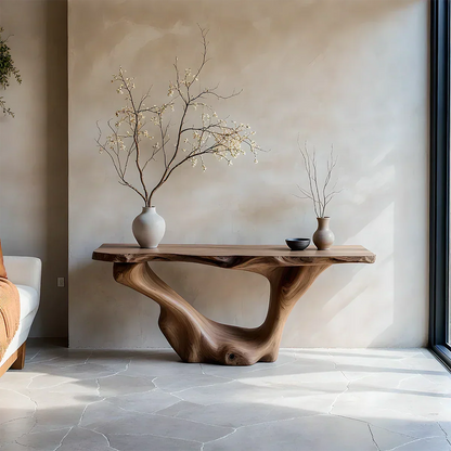 Sculptural Organic Solid Wood Console Table – Art Form Base - Rustiracraft 