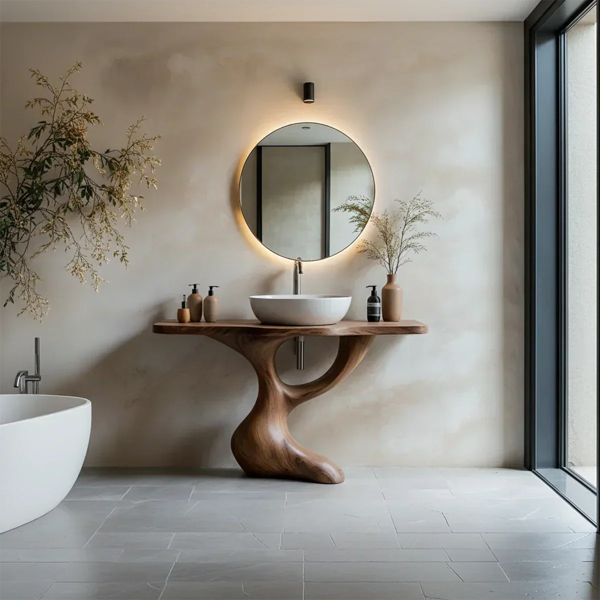 Sculptural Pedestal Wood Vanity – Organic Modern Bathroom Sink Table - Rustiracraft 
