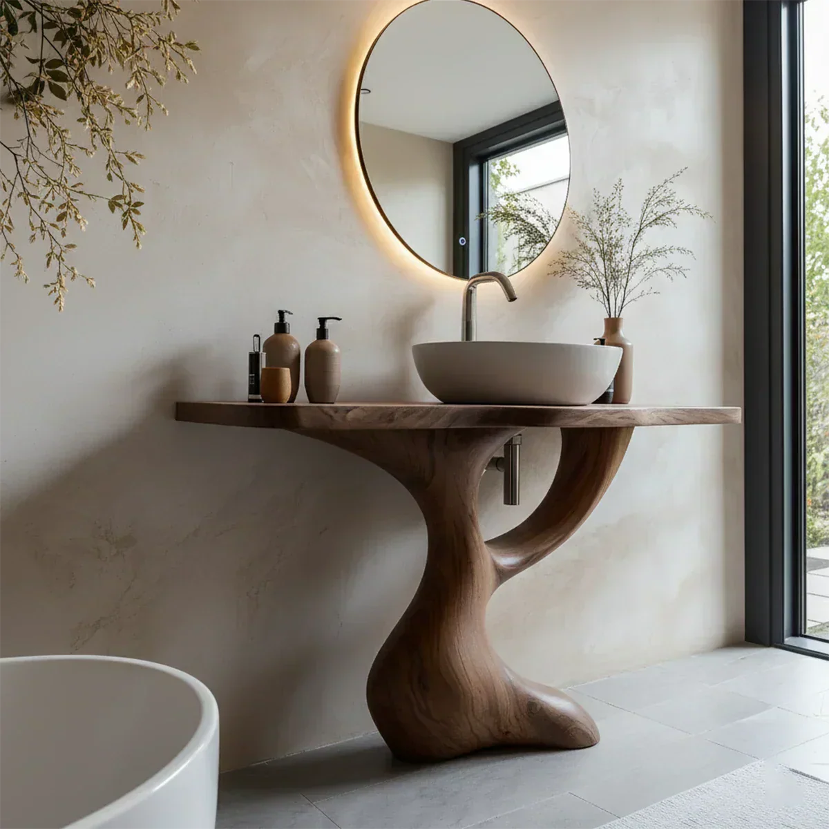 Sculptural Pedestal Wood Vanity – Organic Modern Bathroom Sink Table - Rustiracraft 