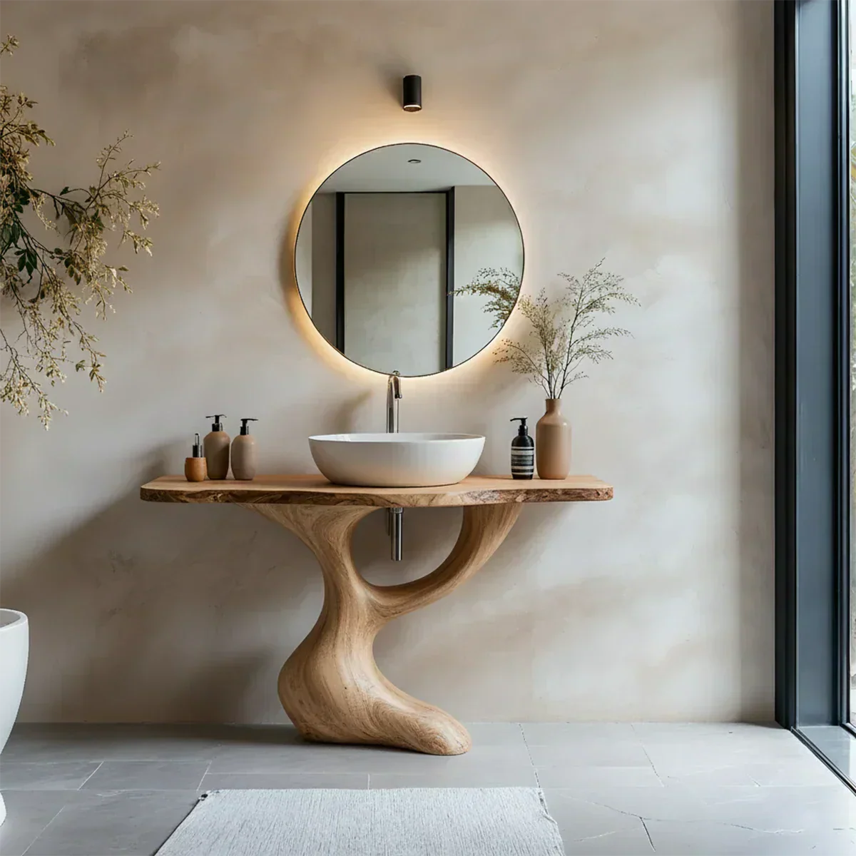 Sculptural Pedestal Wood Vanity – Organic Modern Bathroom Sink Table - Rustiracraft 