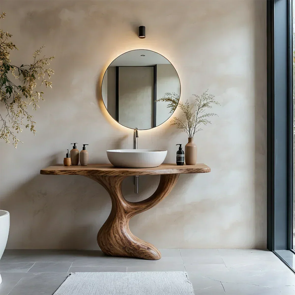 Sculptural Pedestal Wood Vanity – Organic Modern Bathroom Sink Table - Rustiracraft 