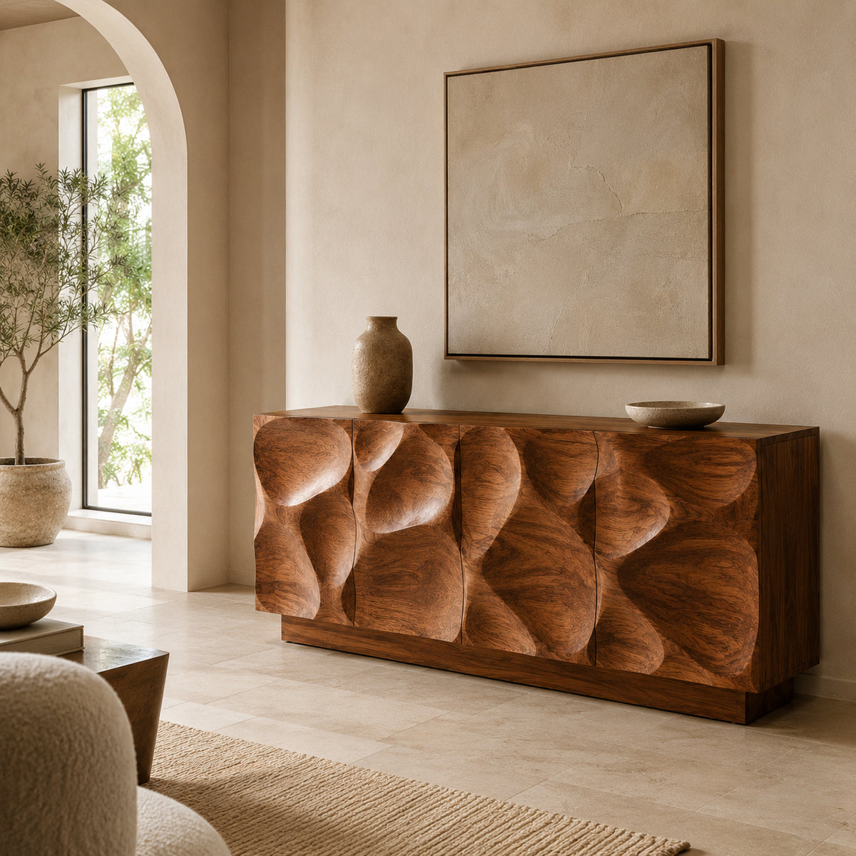 Sculptural Sideboard with Curved Cabinet Doors in Natural Solid Wood - Rustiracraft