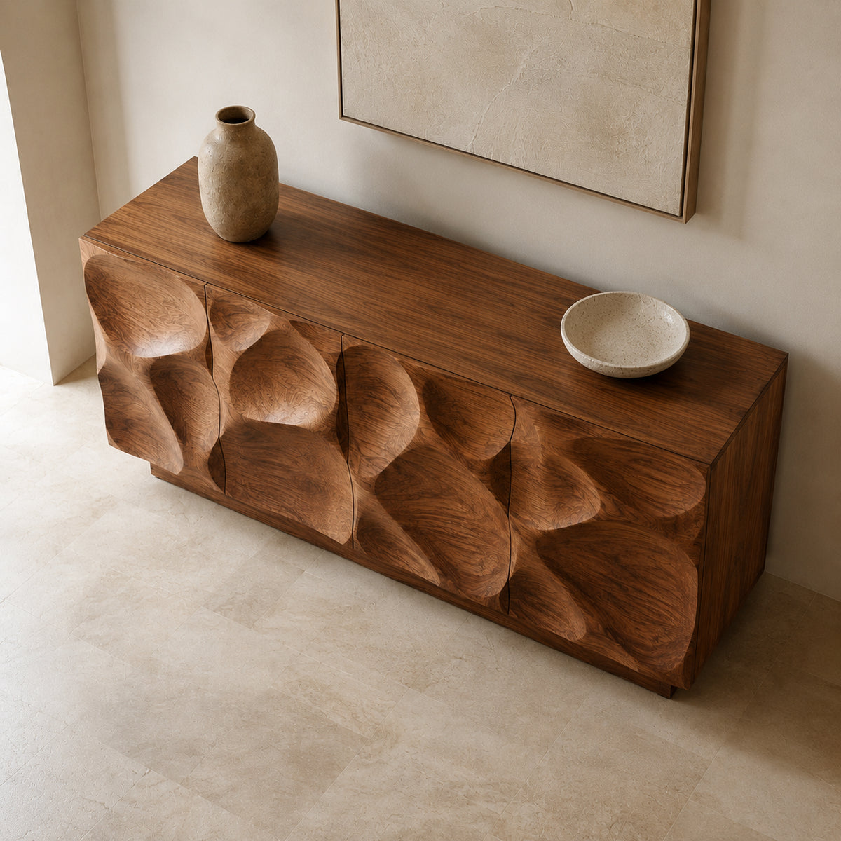Sculptural Sideboard with Curved Cabinet Doors in Natural Solid Wood - Rustiracraft