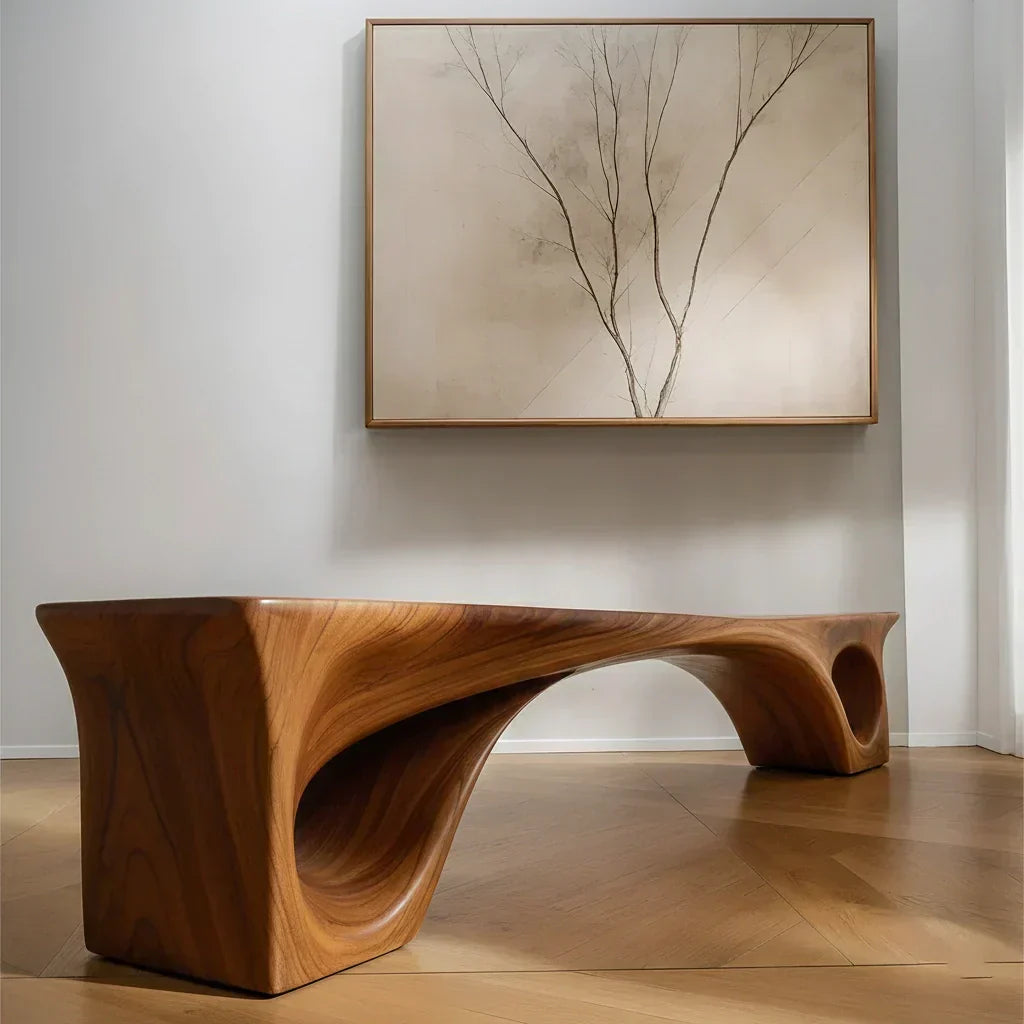 Sculptural Solid Wood Bench – Fluid Modern Form - Rustiracraft