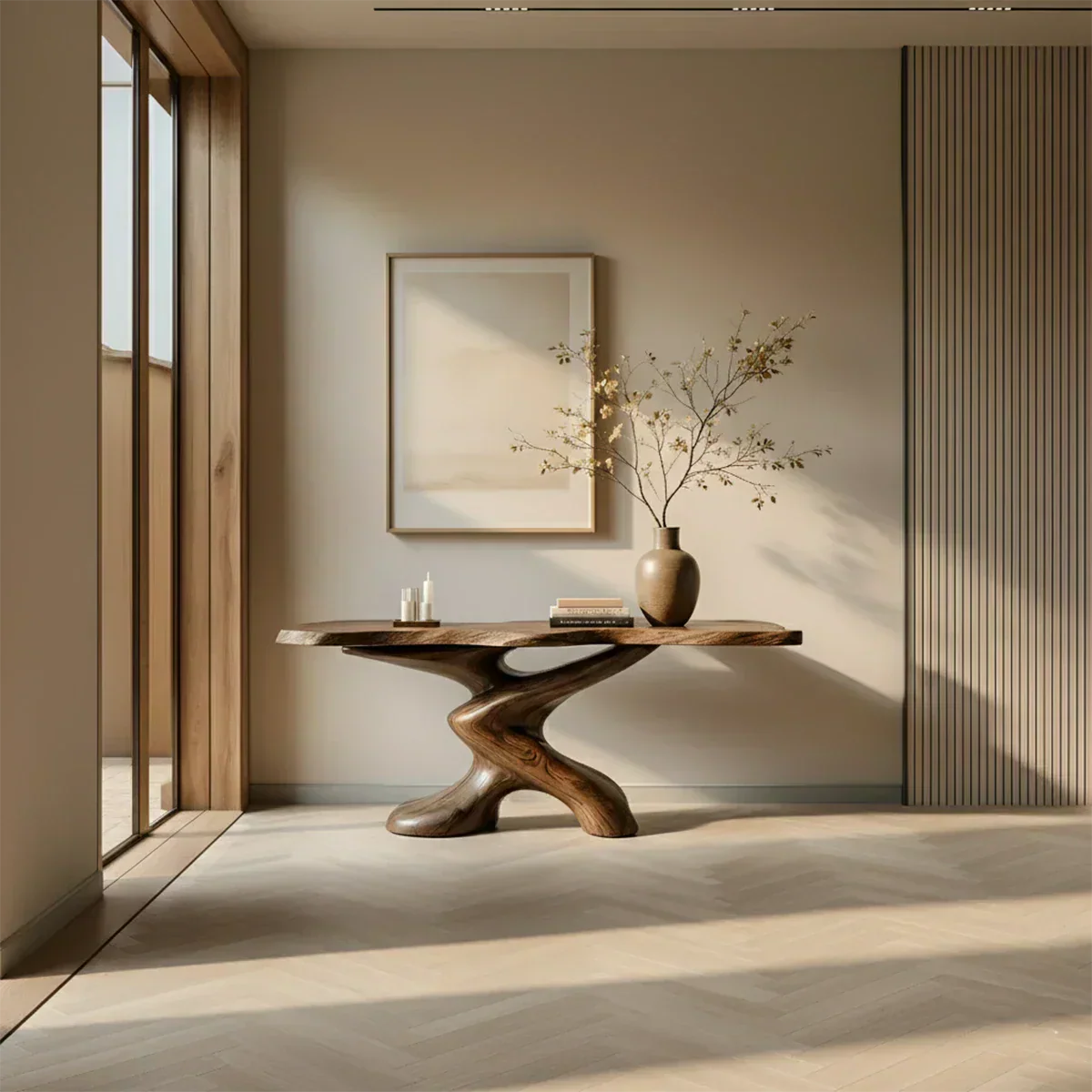 Sculptural Solid Wood Console Table — Organic Japandi Entryway Art Piece - Rustiracraft 