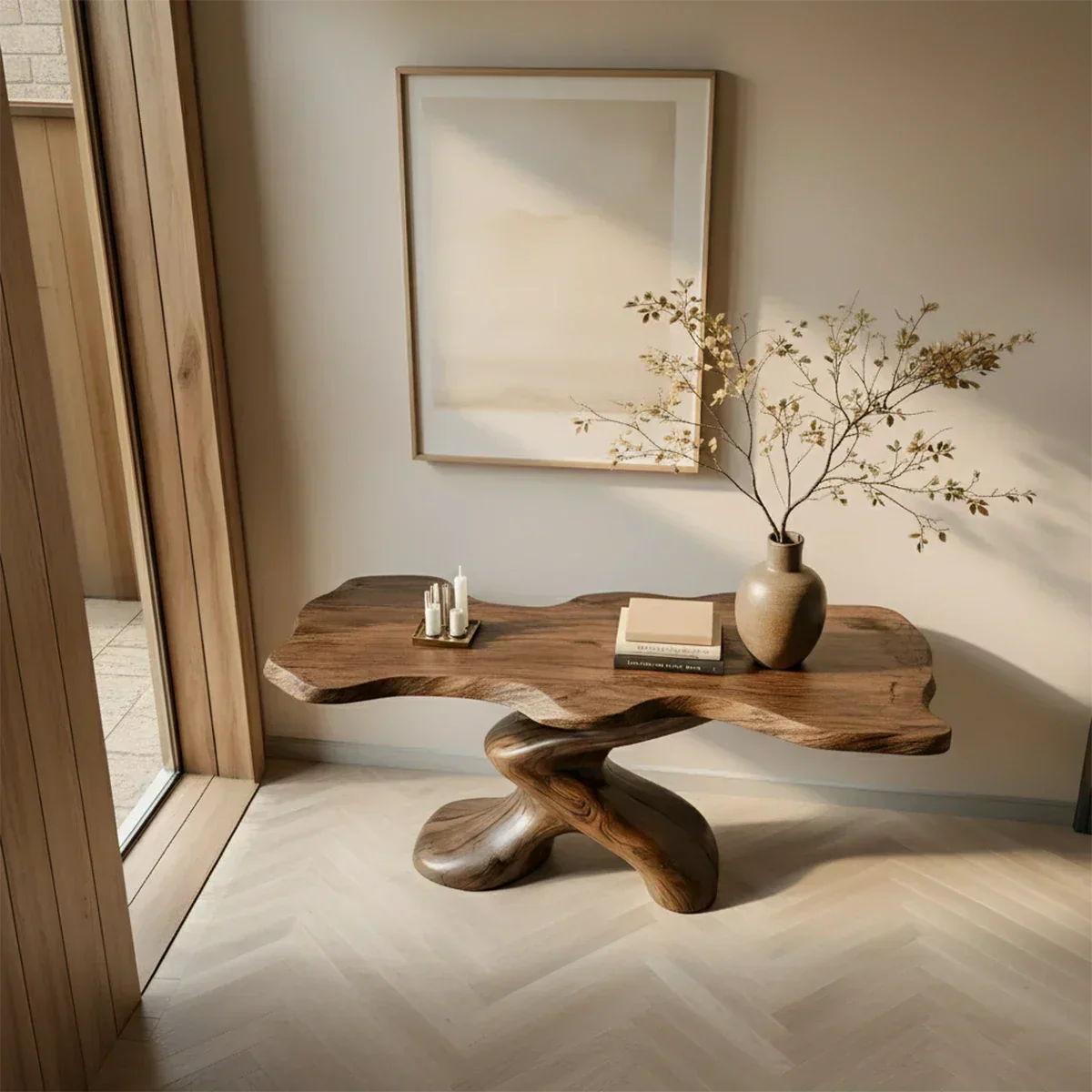 Sculptural Solid Wood Console Table — Organic Japandi Entryway Art Piece - Rustiracraft 