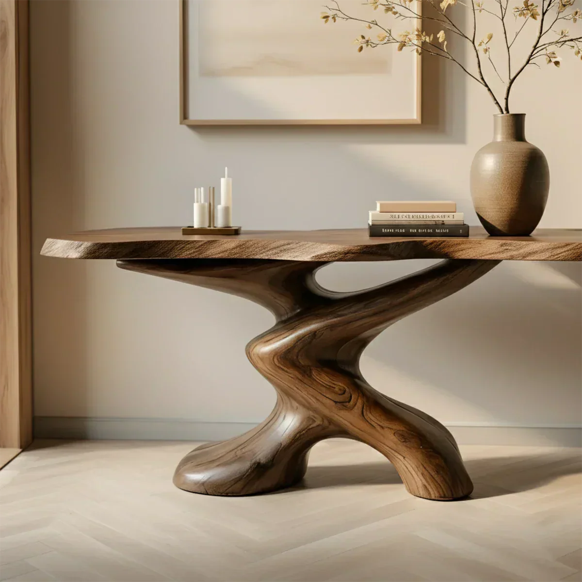 Sculptural Solid Wood Console Table — Organic Japandi Entryway Art Piece - Rustiracraft 