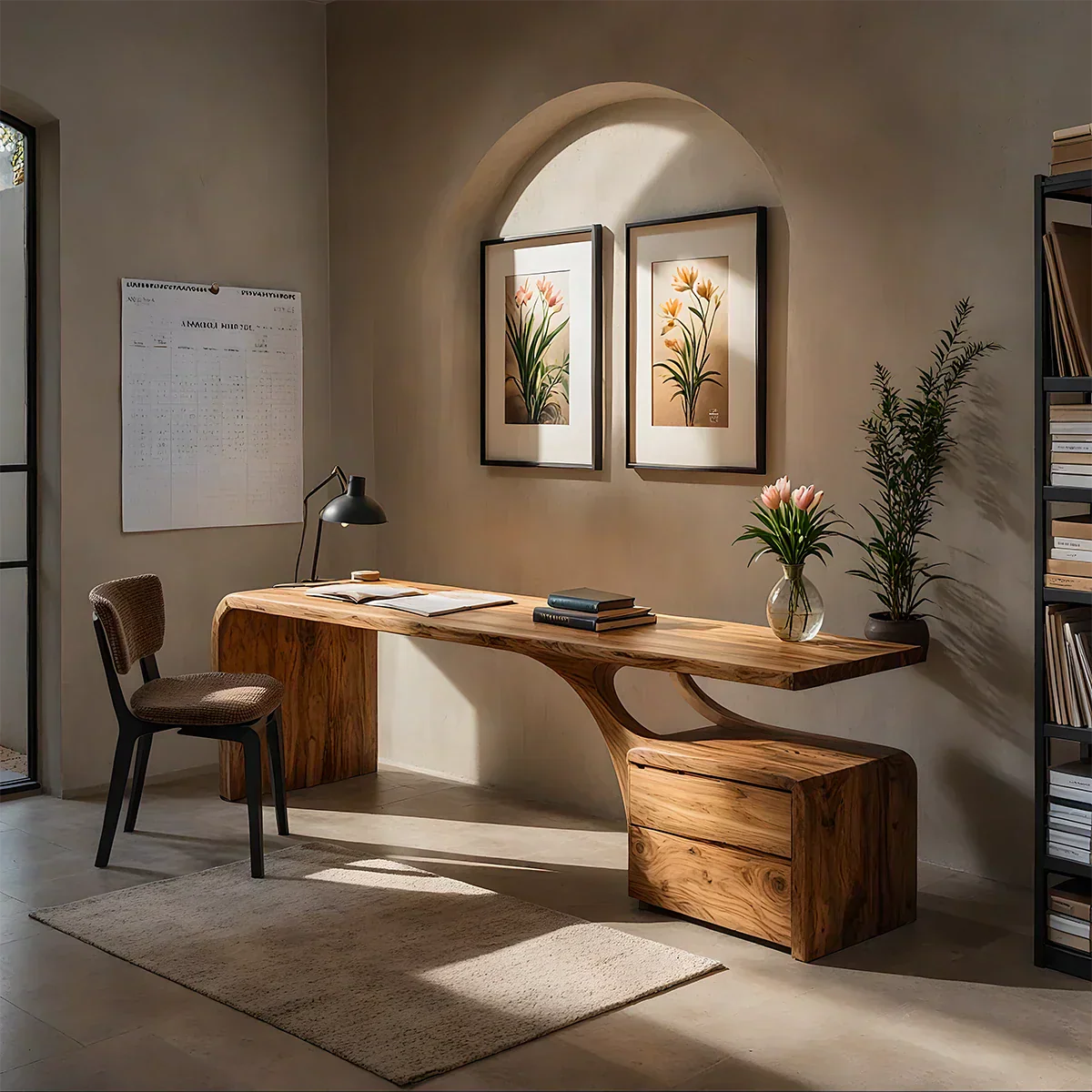 Sculptural Solid Wood Desk with Rustic Curved Base & Storage - Rustiracraft