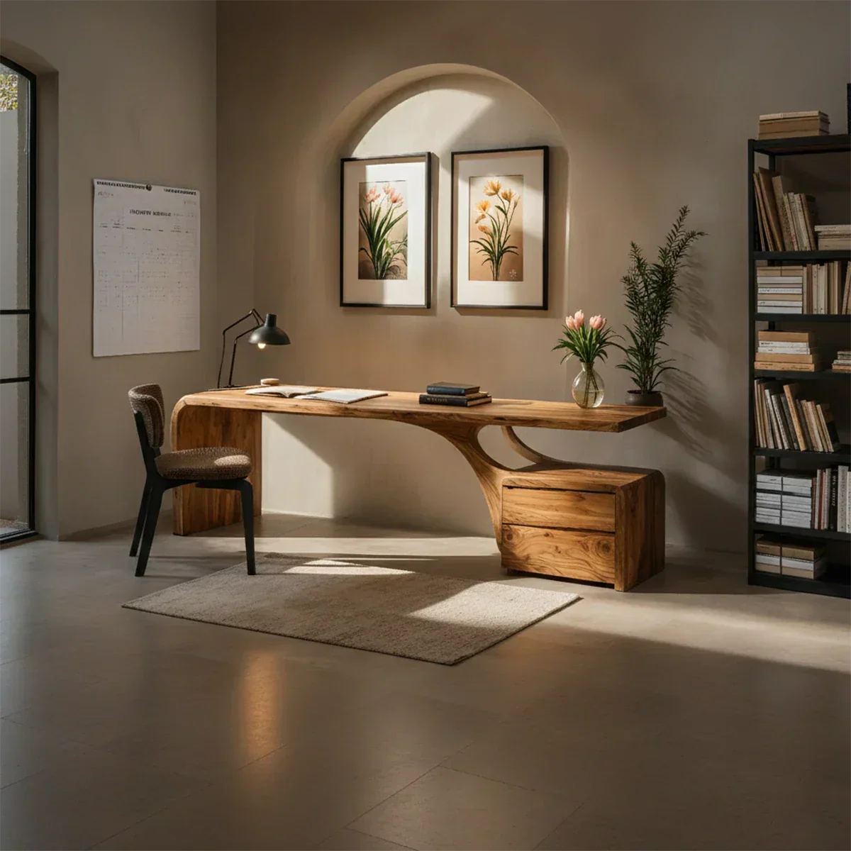 Sculptural Solid Wood Desk with Rustic Curved Base & Storage - Rustiracraft