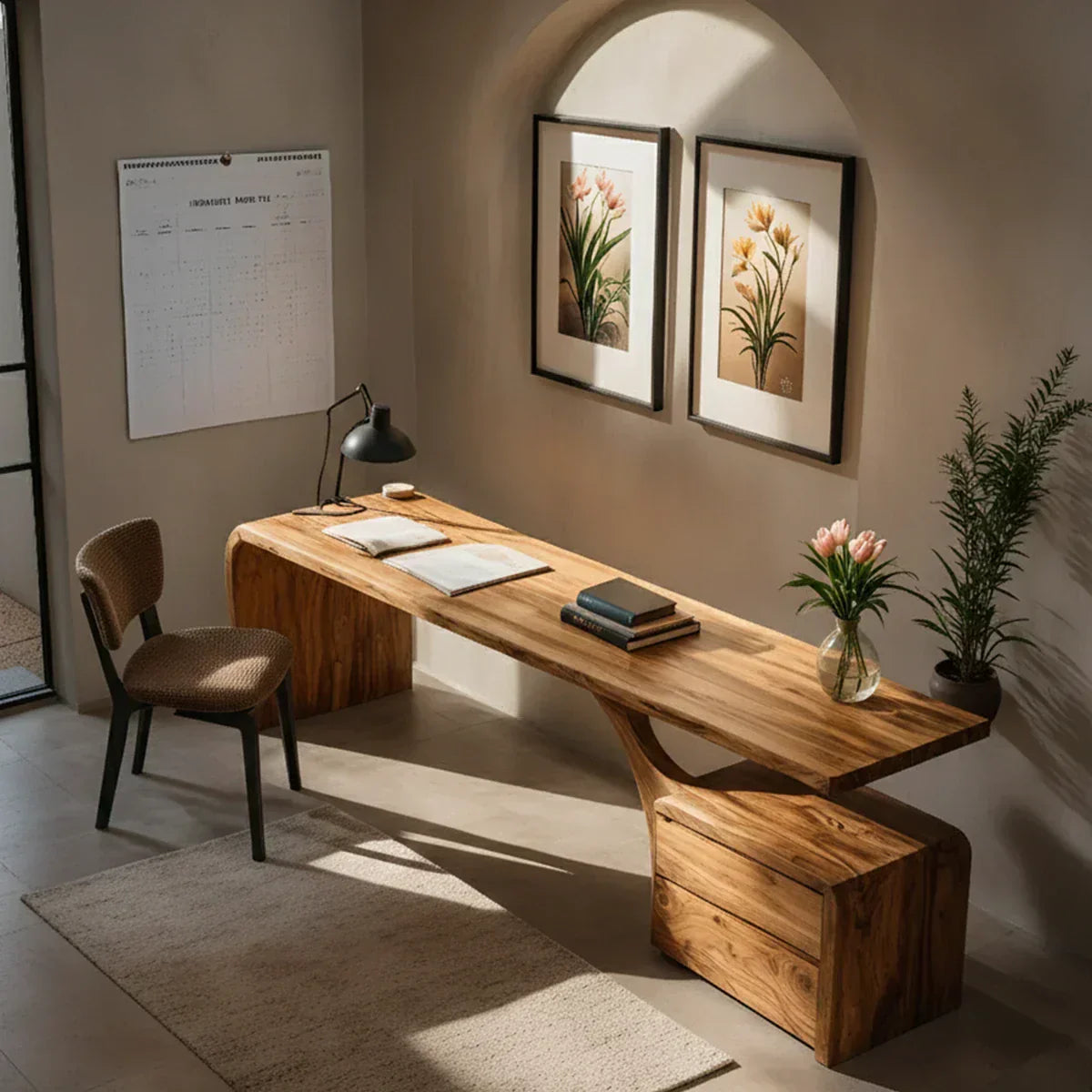 Sculptural Solid Wood Desk with Rustic Curved Base & Storage - Rustiracraft