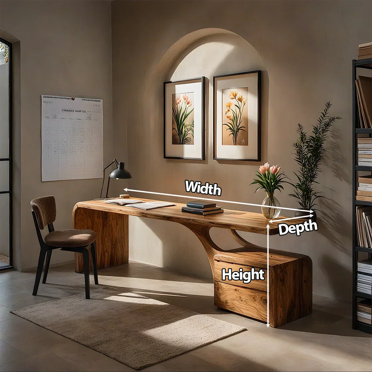 Sculptural Solid Wood Desk with Rustic Curved Base & Storage - Rustiracraft