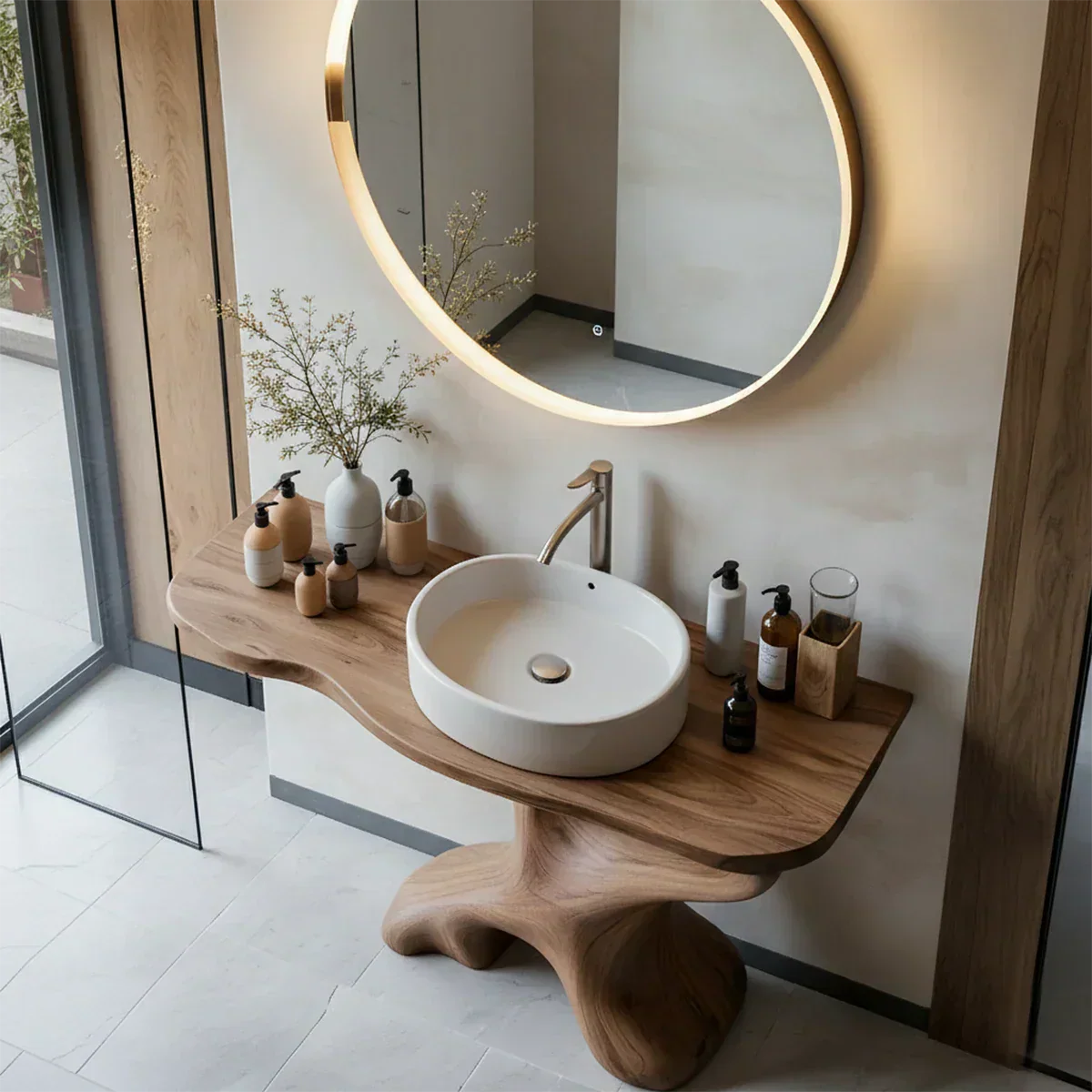 Sculptural Solid Wood Pedestal Vanity – Modern Bathroom Sink Stand - Rustiracraft 