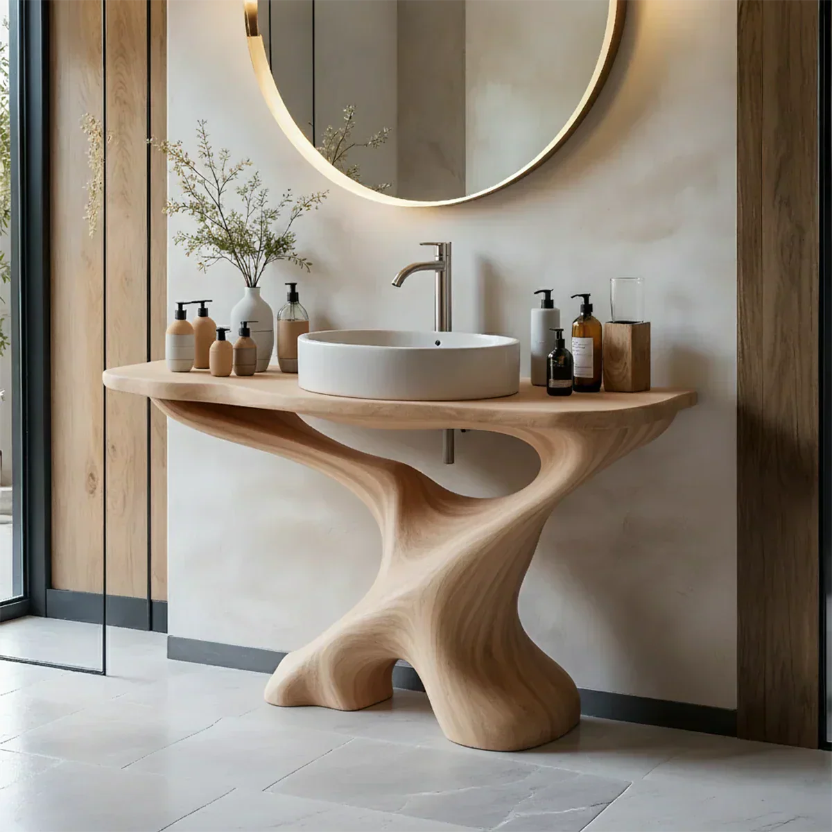 Sculptural Solid Wood Pedestal Vanity – Modern Bathroom Sink Stand - Rustiracraft 
