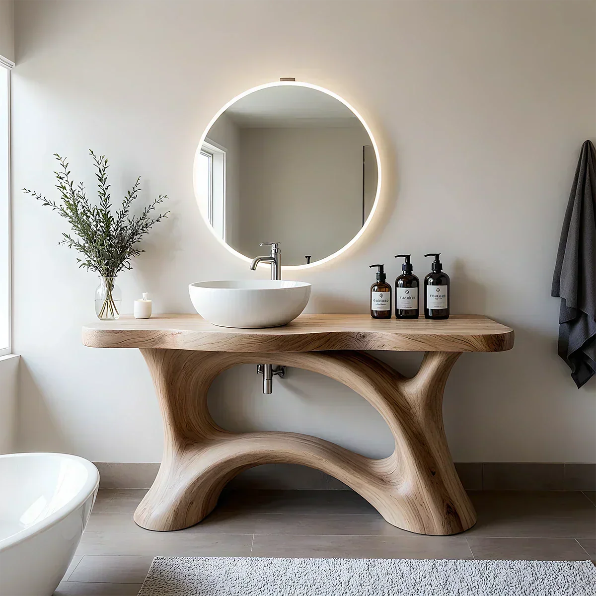Sculptural Solid Wood Vanity with Organic Arched Base - Rustiracraft 