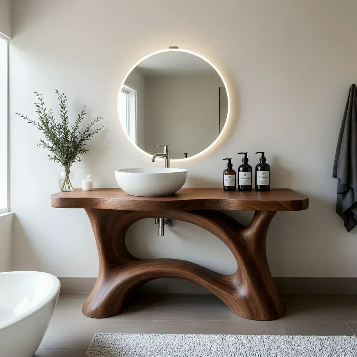 Sculptural Solid Wood Vanity with Organic Arched Base - Rustiracraft 