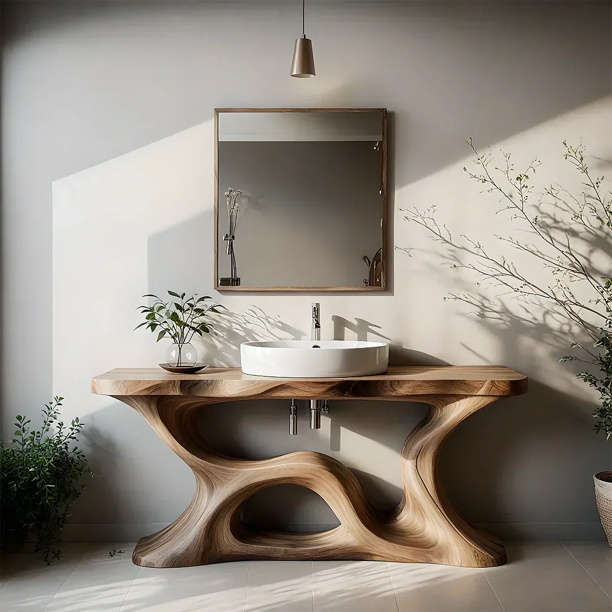 Sculptural Solid Wood Vanity with Organic Loop Base - Rustiracraft 