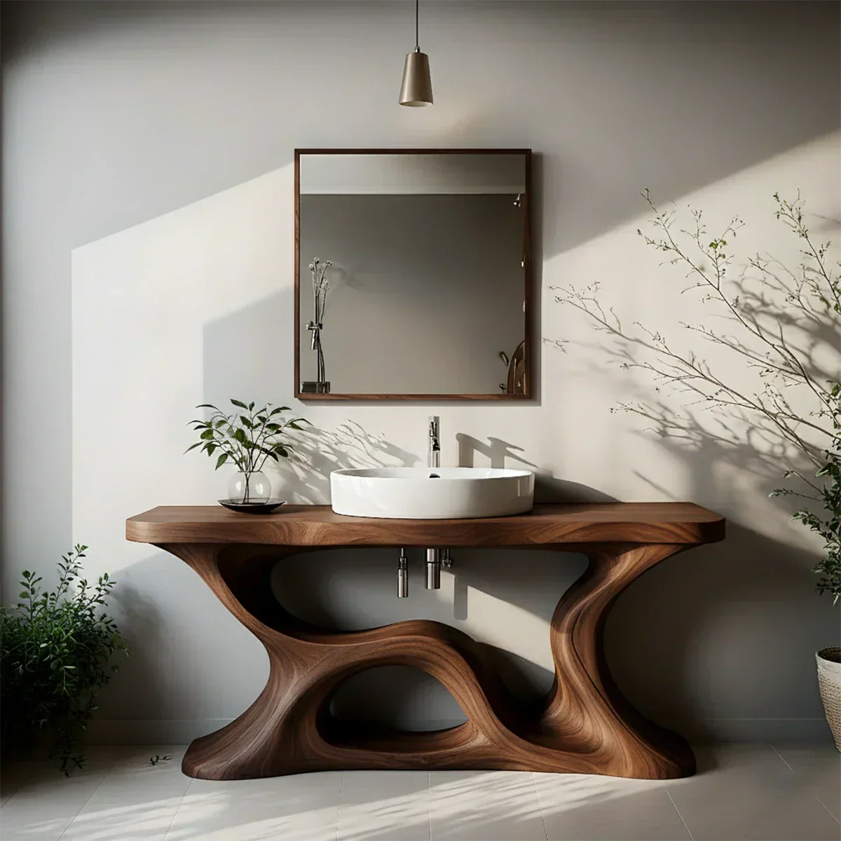 Sculptural Solid Wood Vanity with Organic Loop Base - Rustiracraft 