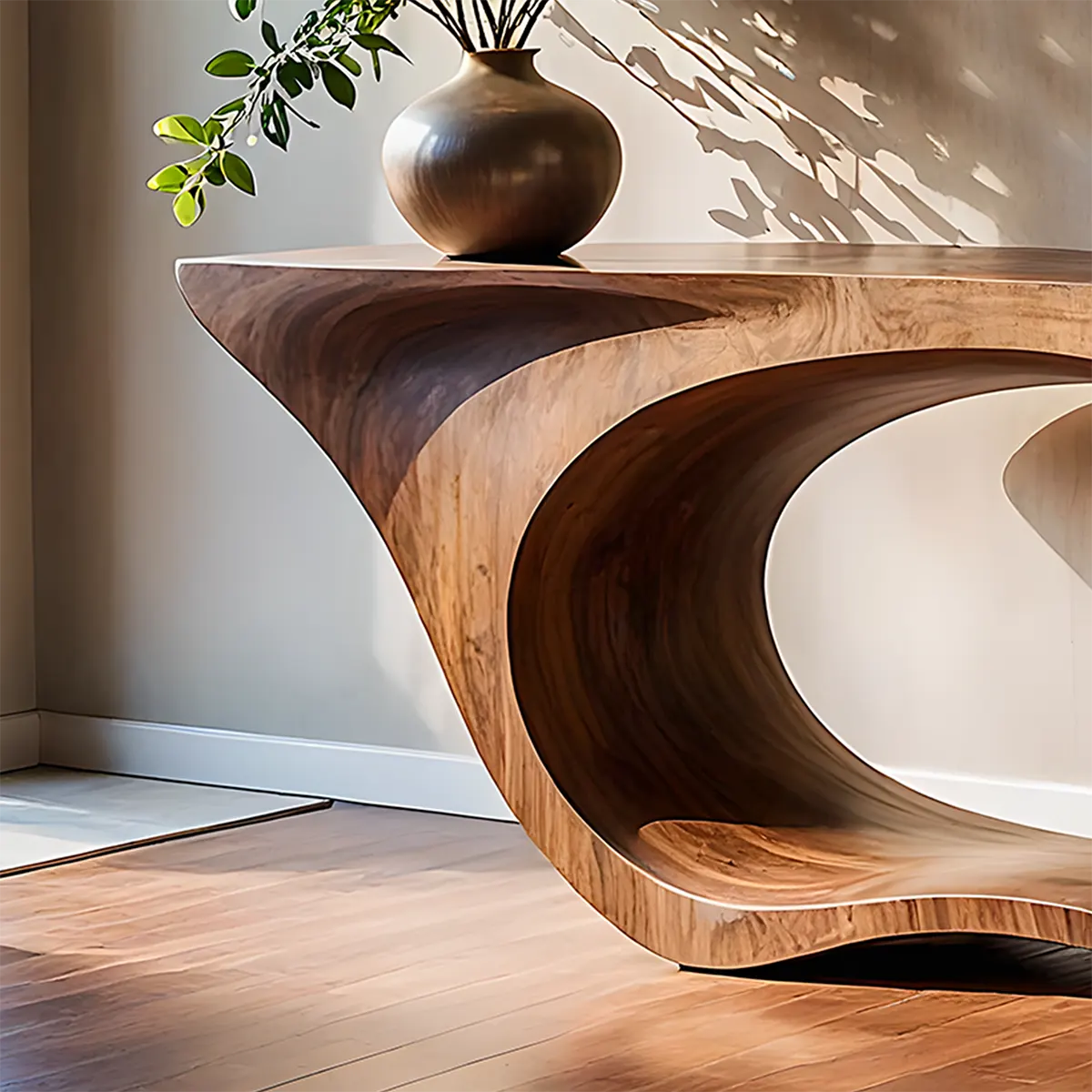 Sculptural Walnut Console Table – Double Loop Wood Design - Rustiracraft 