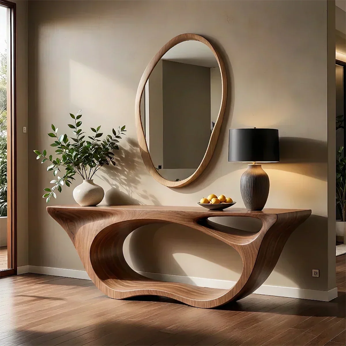 Sculptural Walnut Finish Console Table – Double Loop Wood Design - Rustiracraft