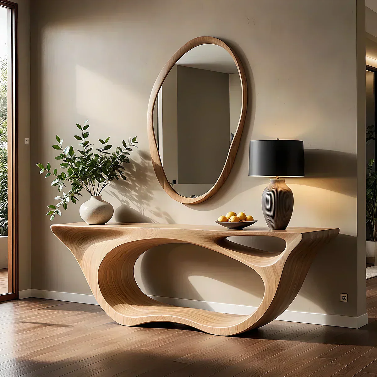 Sculptural Walnut Finish Console Table – Double Loop Wood Design - Rustiracraft