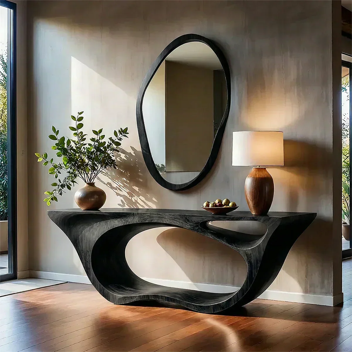 Sculptural Walnut Finish Console Table – Double Loop Wood Design - Rustiracraft