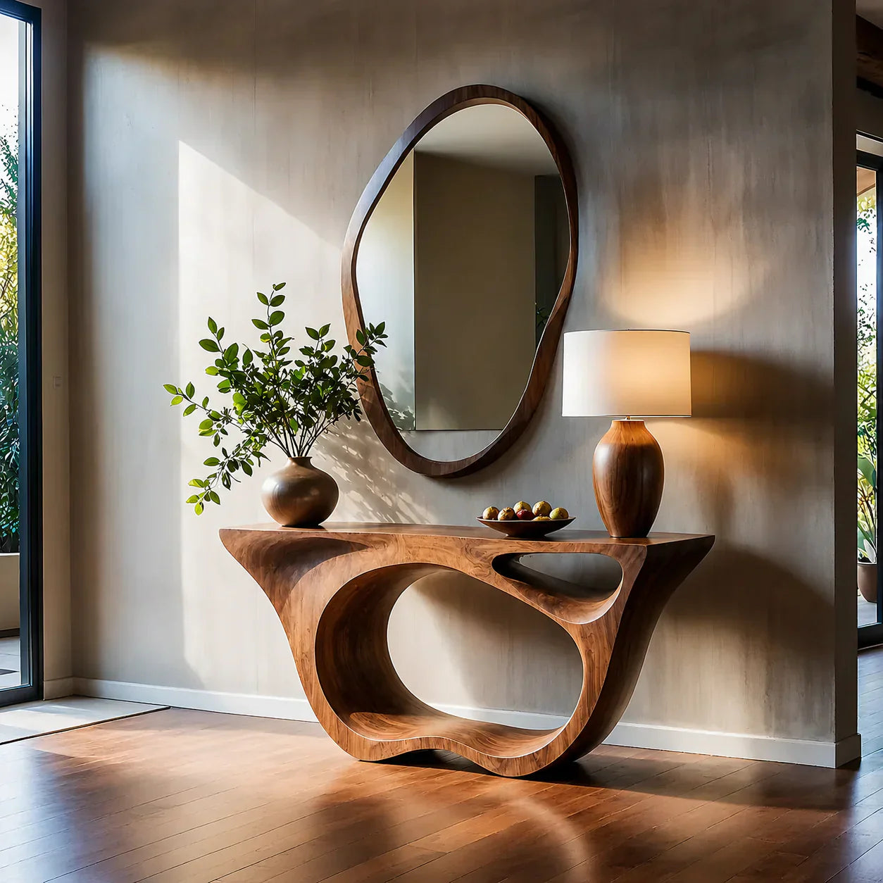 Sculptural Walnut Finish Console Table – Double Loop Wood Design - Rustiracraft