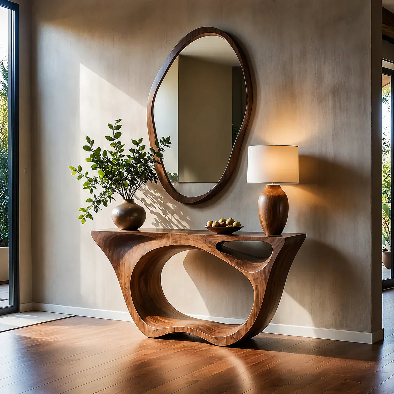 Sculptural Walnut Finish Console Table – Double Loop Wood Design - Rustiracraft