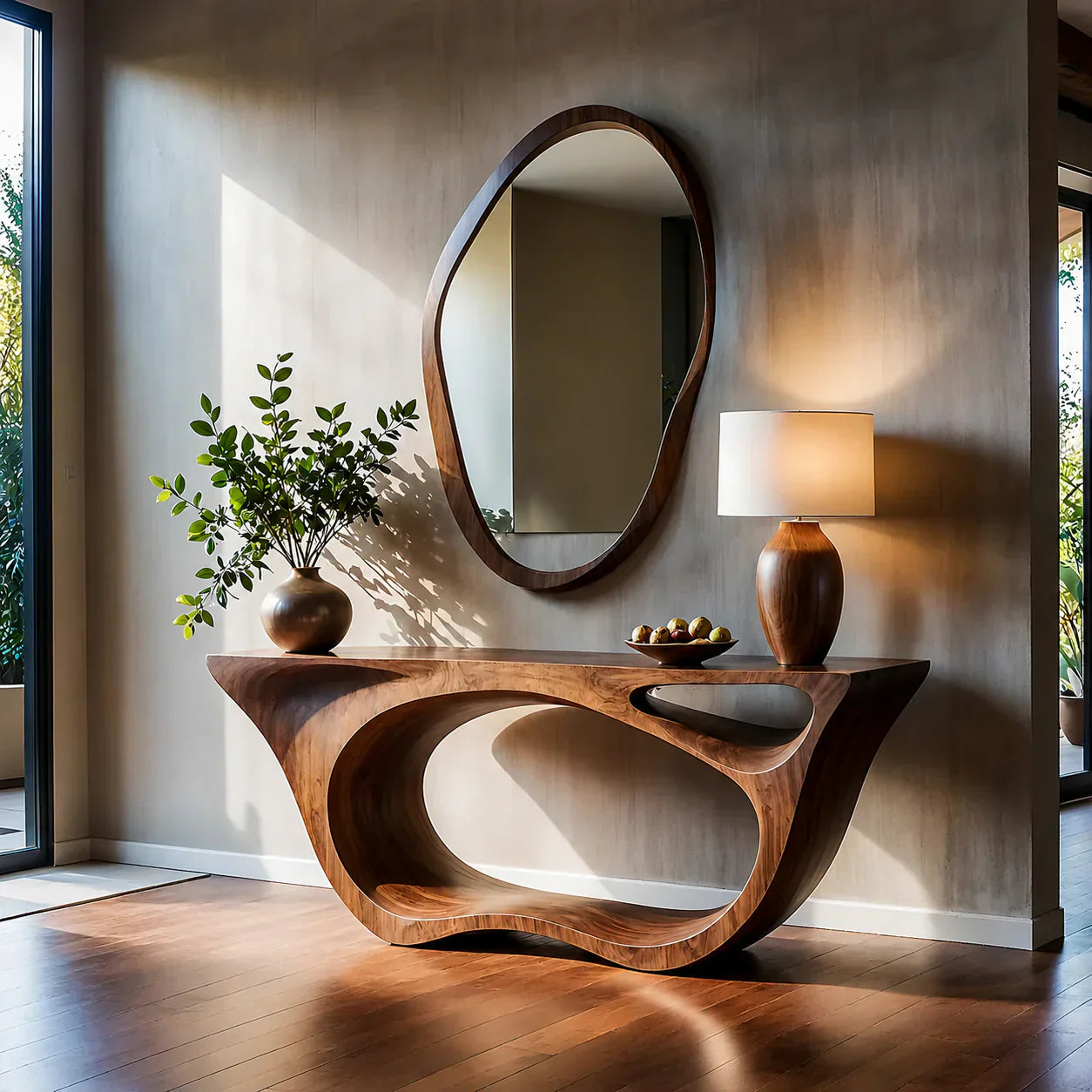 Sculptural Walnut Finish Console Table – Double Loop Wood Design - Rustiracraft
