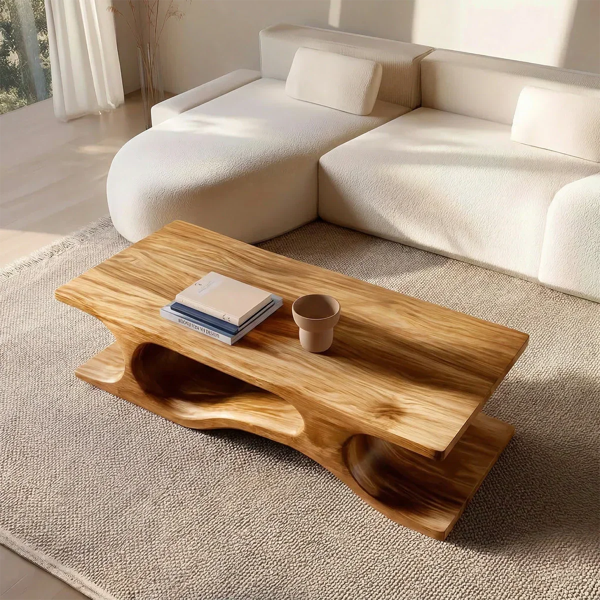 Sculptural Wave Base Coffee Table in Organic Natural Solid Wood - Rustiracraft 