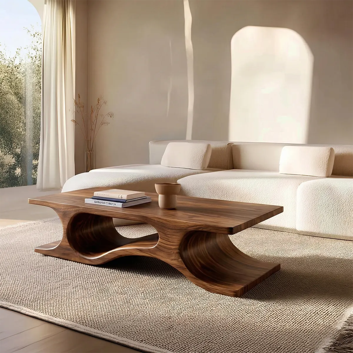 Sculptural Wave Base Coffee Table in Organic Natural Solid Wood - Rustiracraft 