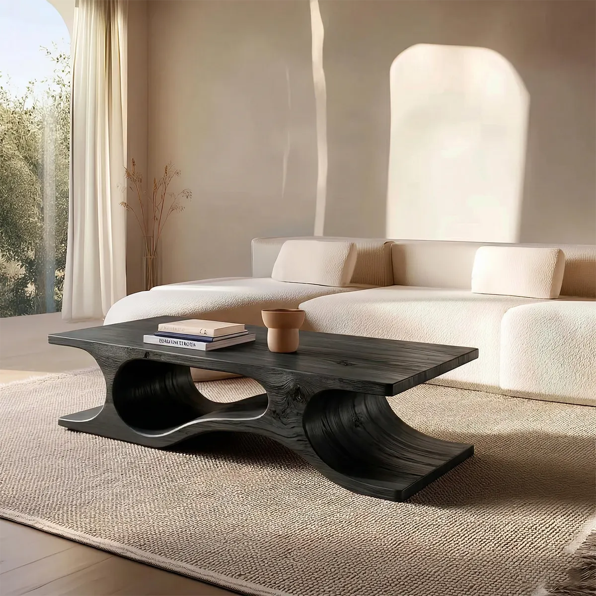 Sculptural Wave Base Coffee Table in Organic Natural Solid Wood - Rustiracraft 