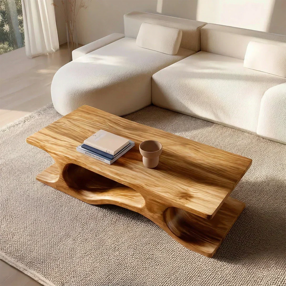 Sculptural Wave Base Coffee Table in Organic Natural Solid Wood - Rustiracraft