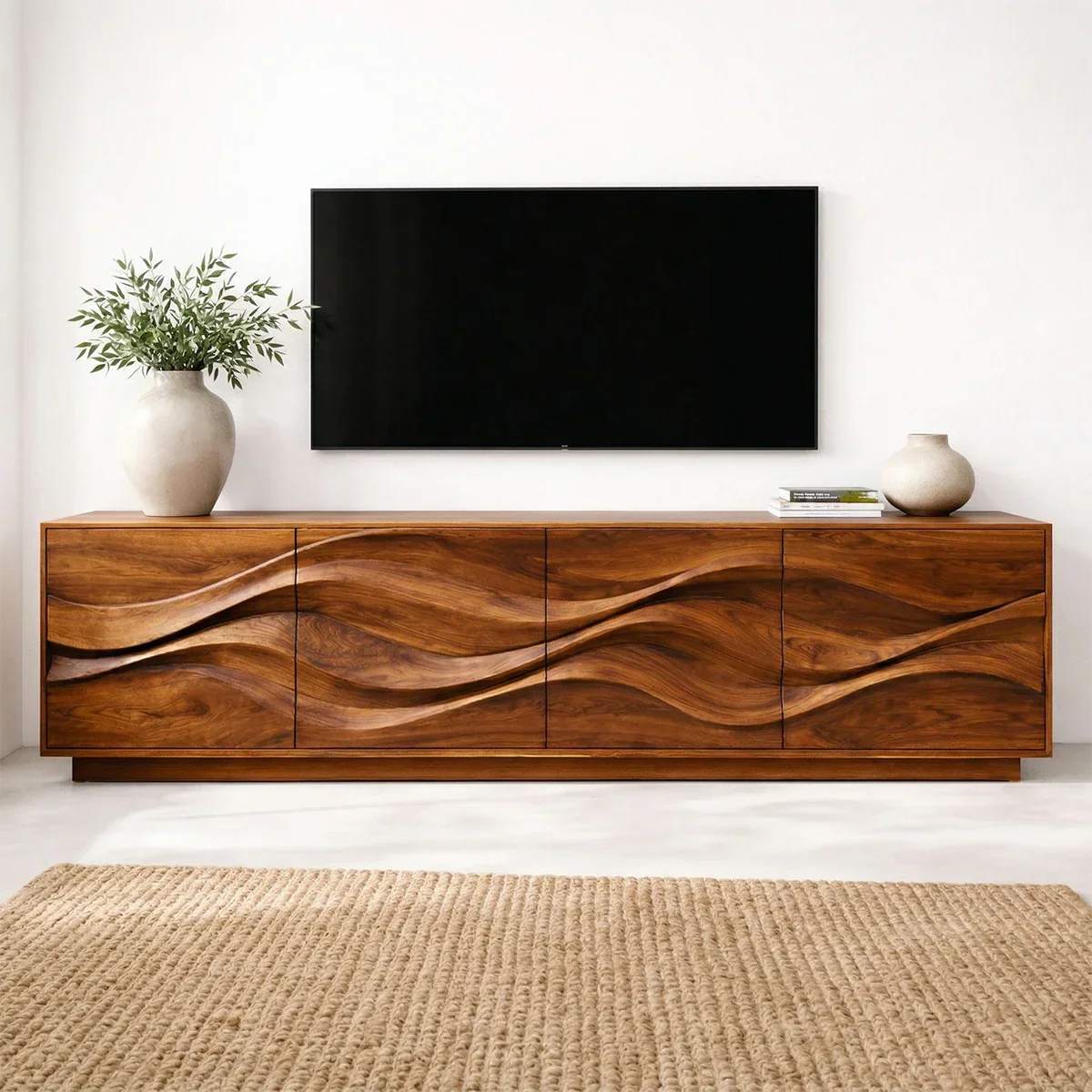 Sculptural Wave Front Solid Wood TV Stand with Storage Cabinets - Rustiracraft 