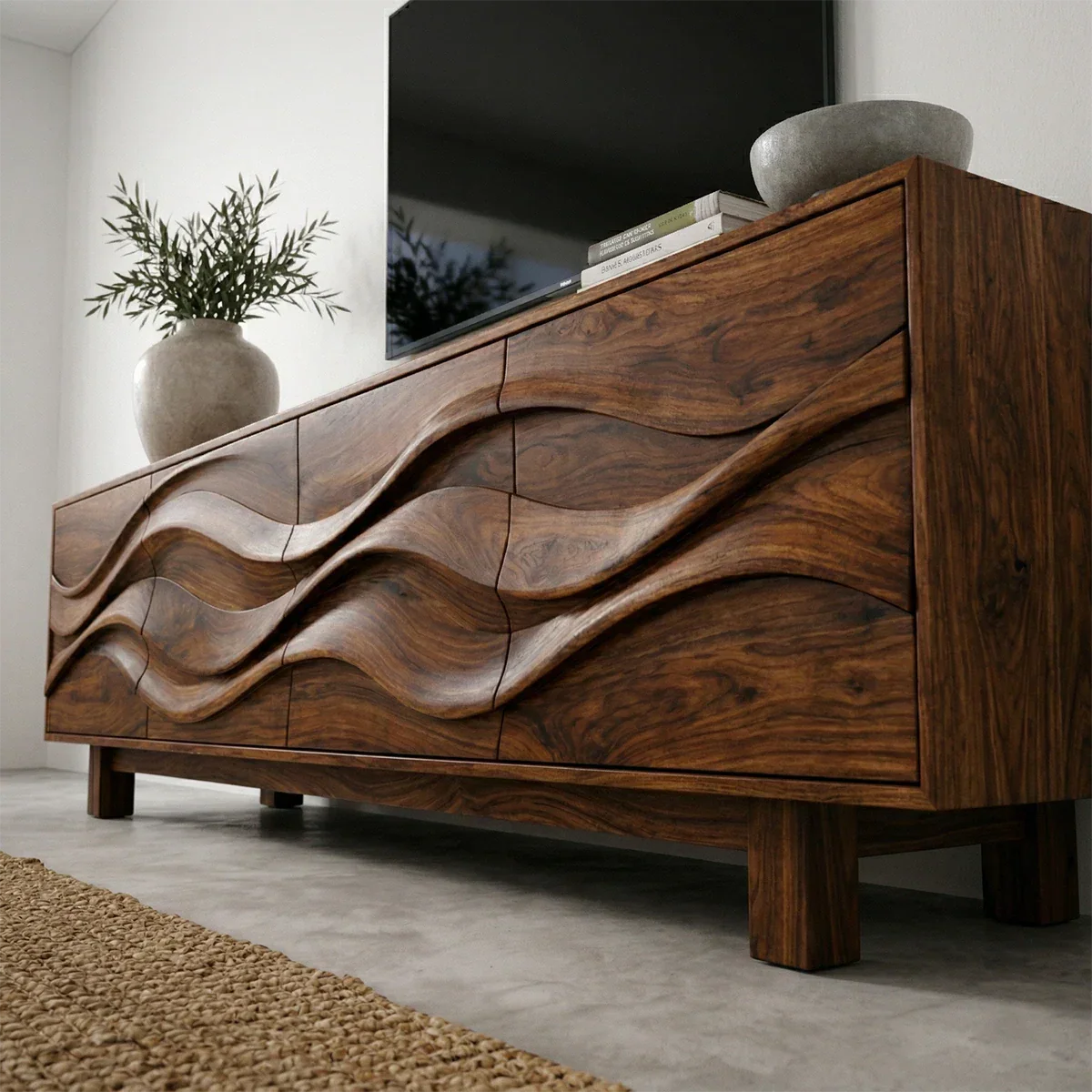 Sculptural Wave Front Solid Wood TV Stand with Storage Cabinets - Rustiracraft 