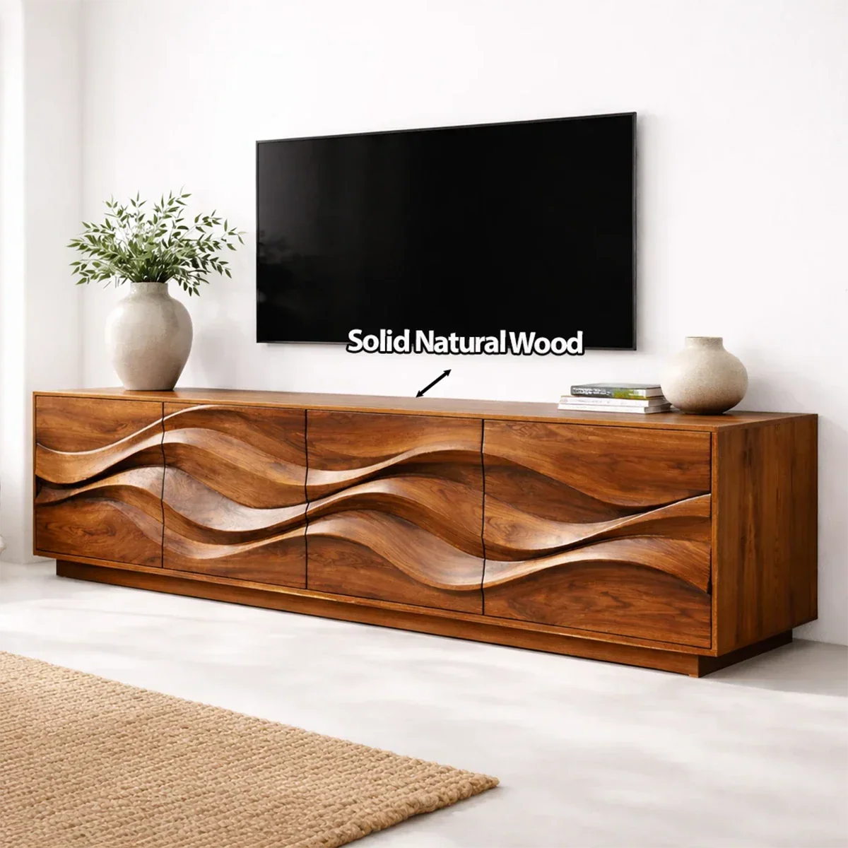 Sculptural Wave Front Solid Wood TV Stand with Storage Cabinets - Rustiracraft 