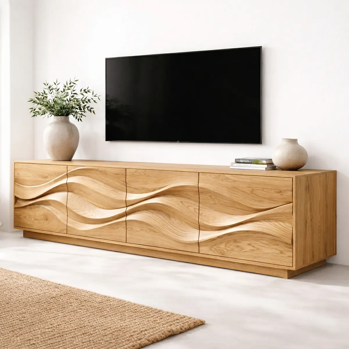 Sculptural Wave Front Solid Wood TV Stand with Storage Cabinets - Rustiracraft 