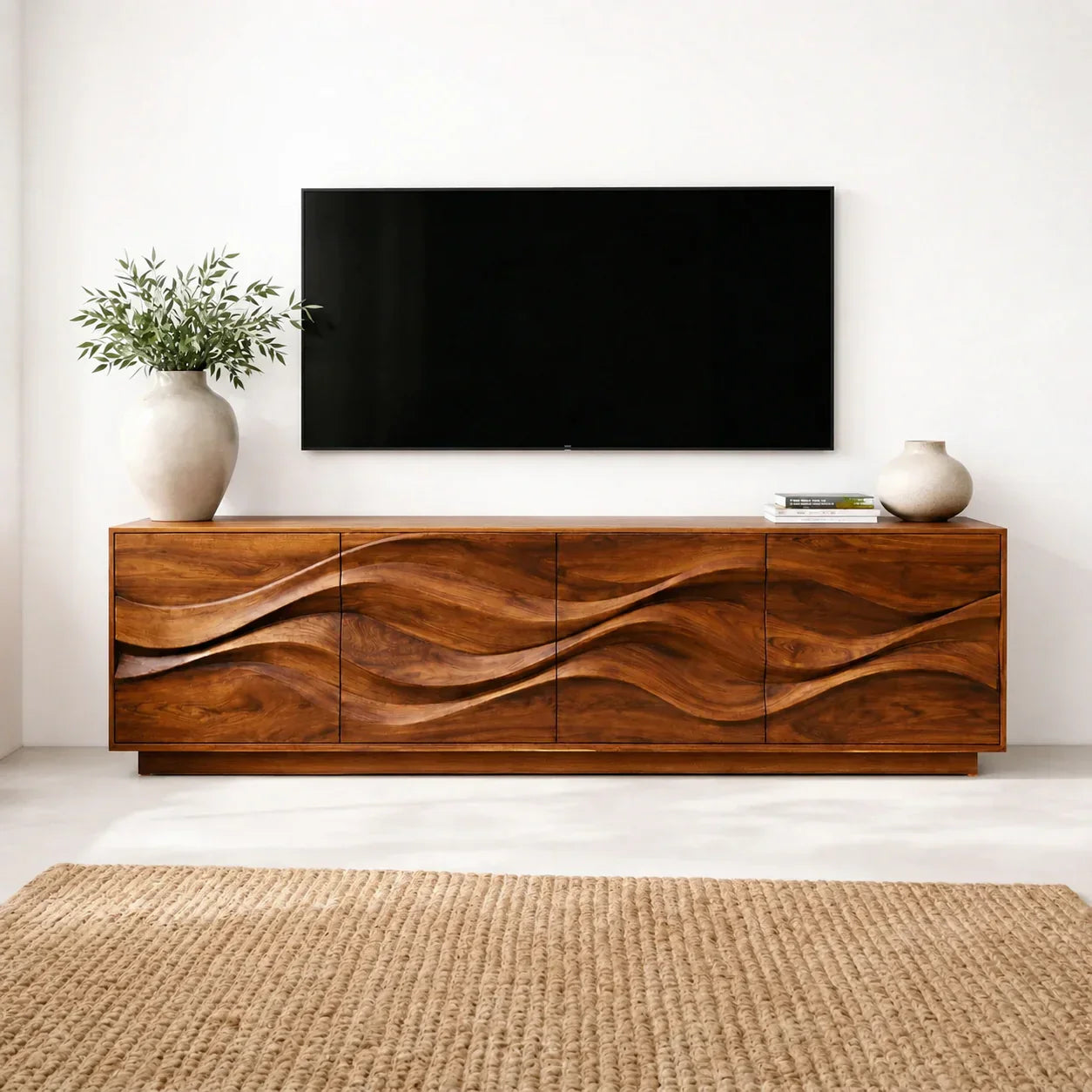 Sculptural Wave Front Solid Wood TV Stand with Storage Cabinets - Rustiracraft