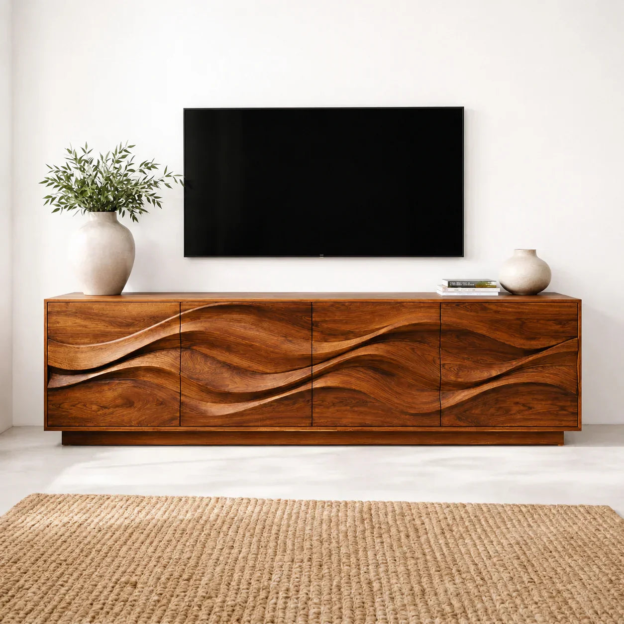 Sculptural Wave Front Solid Wood TV Stand with Storage Cabinets - Rustiracraft