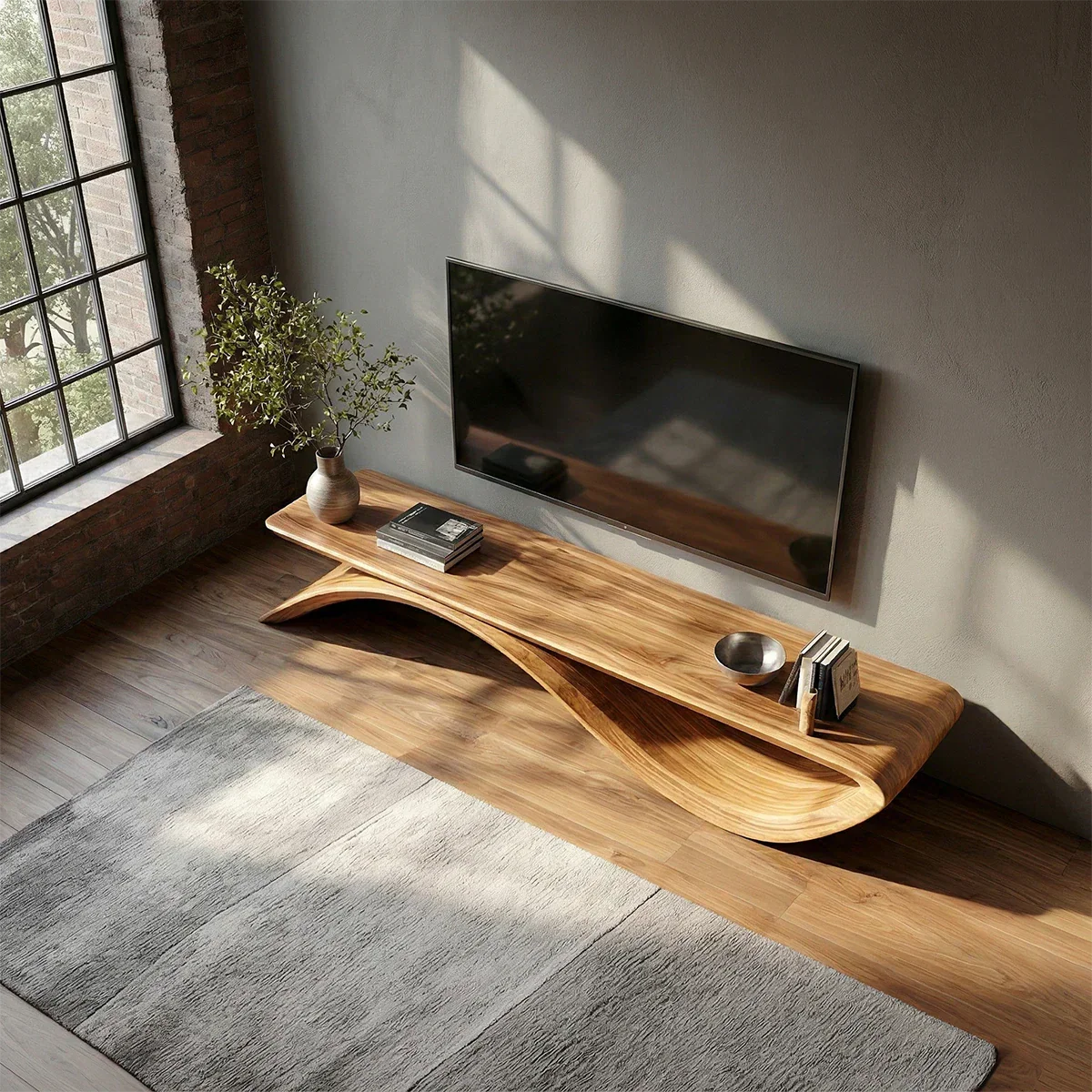 Sculptural Wave Natural Solid Wood TV Stand with Open Base Design - Rustiracraft