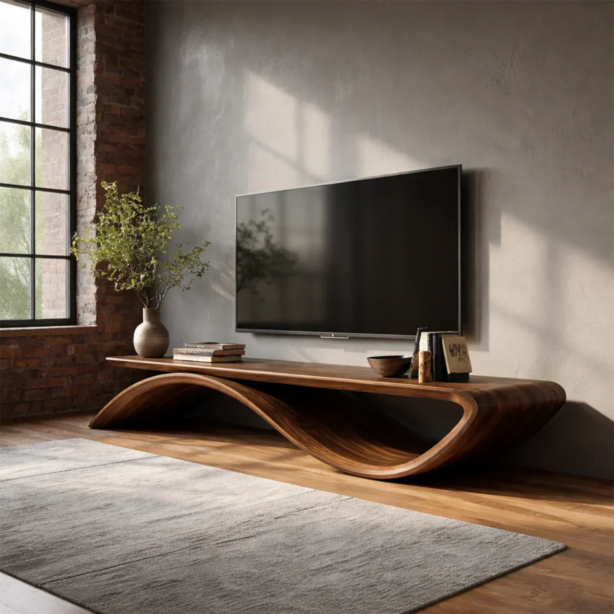 Sculptural Wave Natural Solid Wood TV Stand with Open Base Design - Rustiracraft