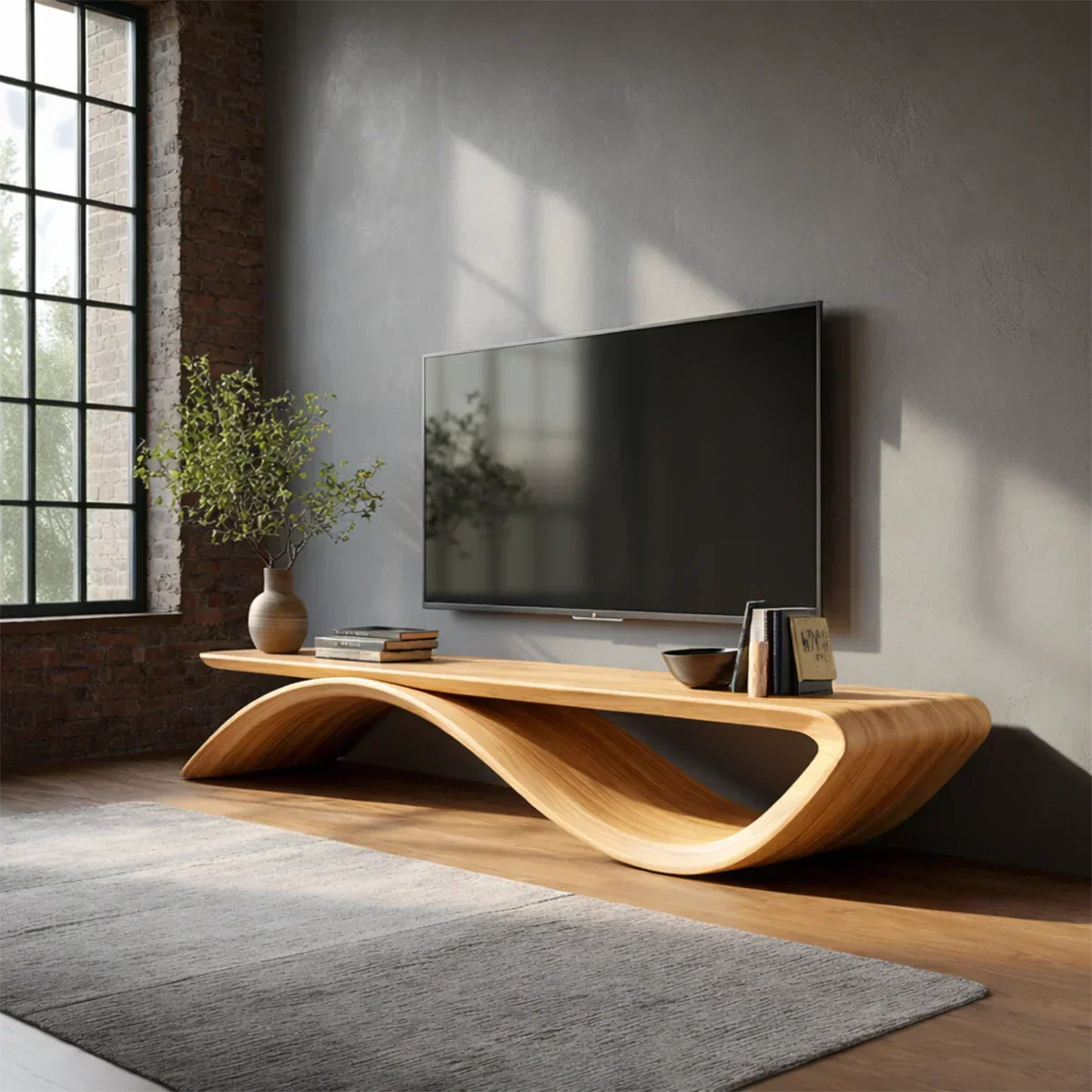 Sculptural Wave Natural Solid Wood TV Stand with Open Base Design - Rustiracraft