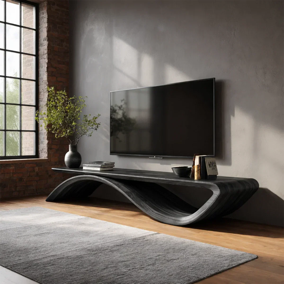 Sculptural Wave Natural Solid Wood TV Stand with Open Base Design - Rustiracraft