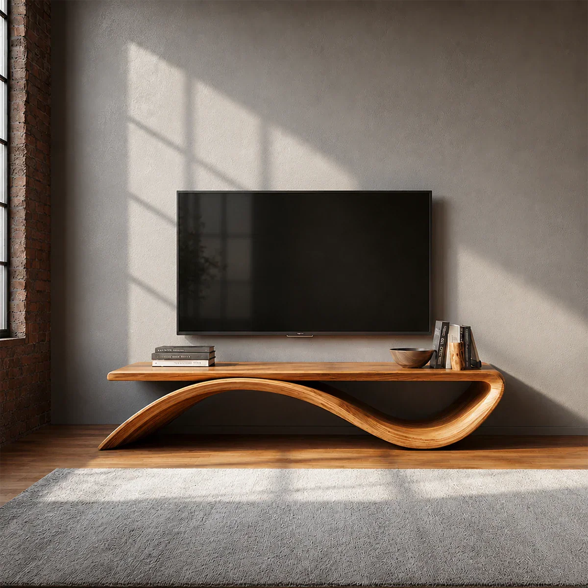 Sculptural Wave Natural Solid Wood TV Stand with Open Base Design - Rustiracraft
