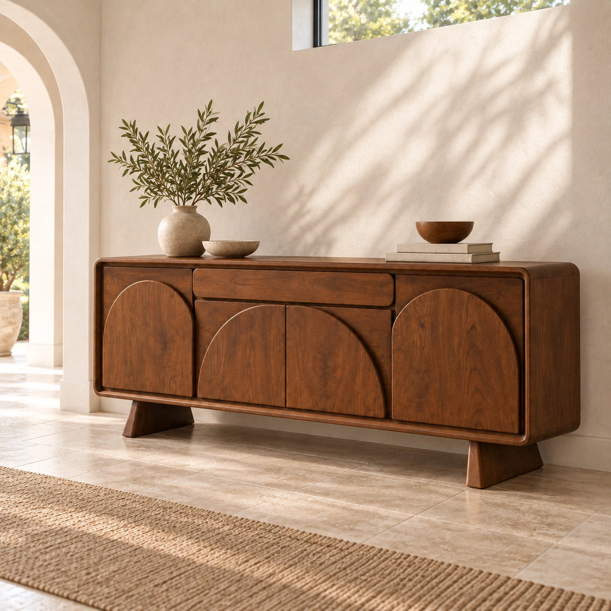 Sideboard for Dining Storage with Arched Curved Panel Doors in Natural Wood - Rustiracraft