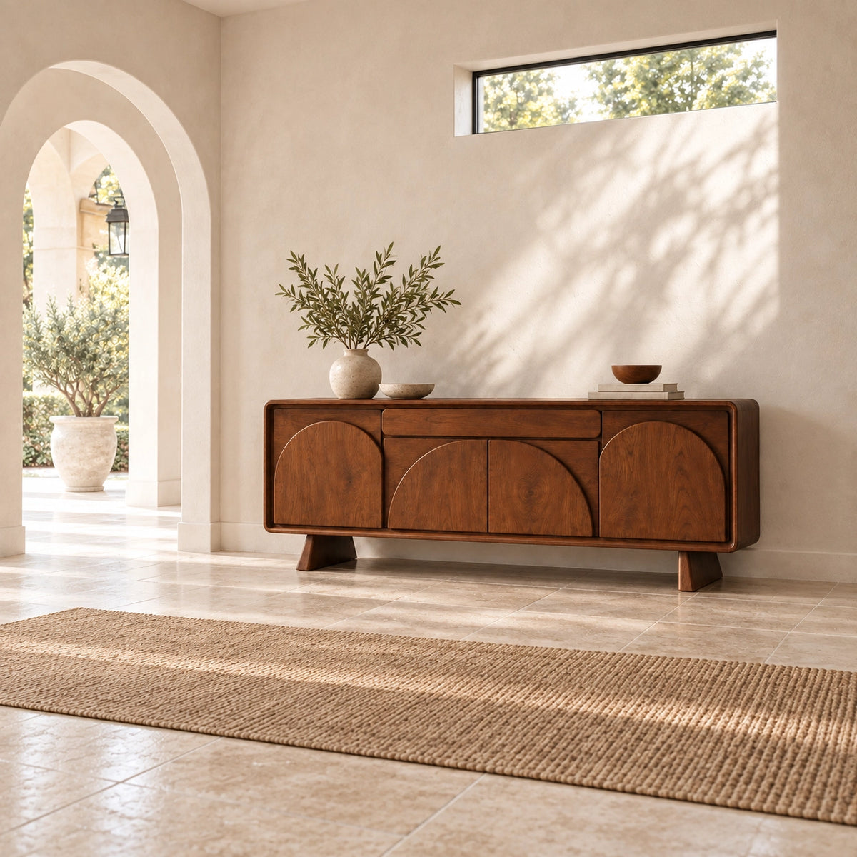 Sideboard for Dining Storage with Arched Curved Panel Doors in Natural Wood - Rustiracraft