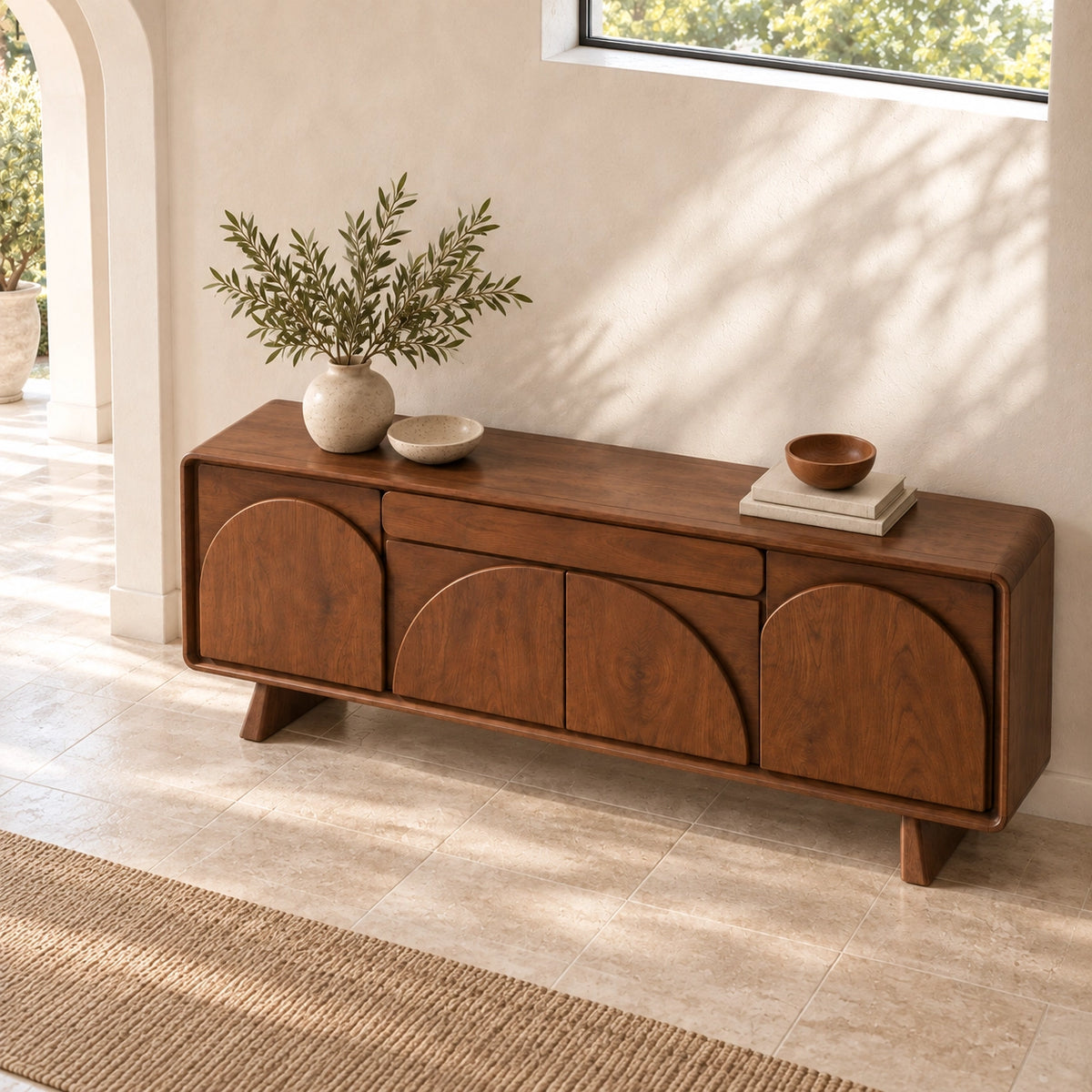 Sideboard for Dining Storage with Arched Curved Panel Doors in Natural Wood - Rustiracraft